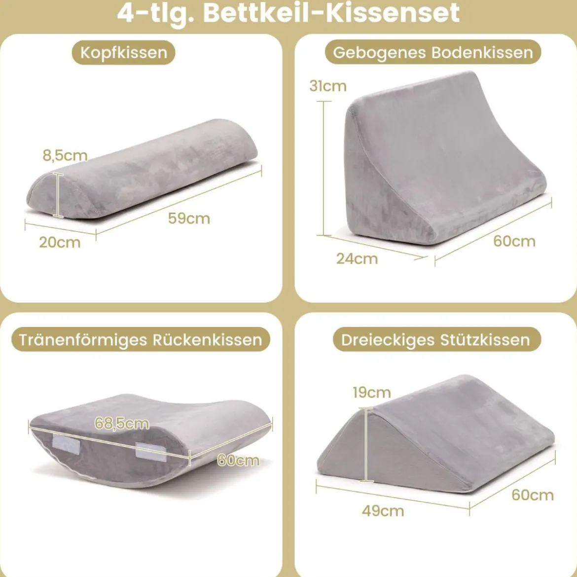 Keilkissen-Set 4-Teiliges Bettkeilkissen Postoperatives Memory-Schaum-Kissen-Set Grau