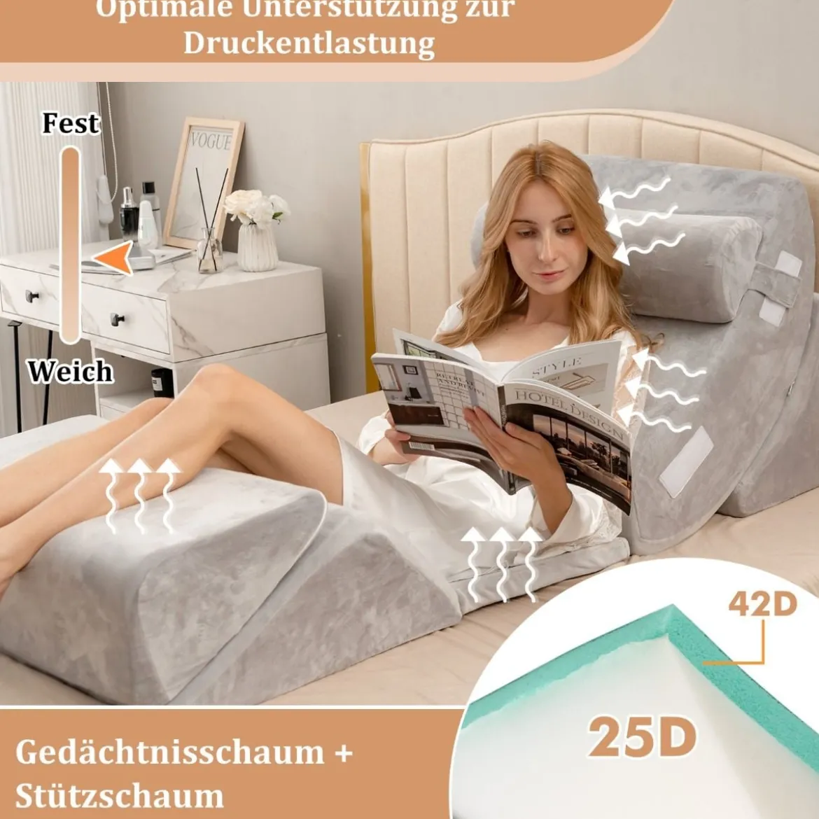 Keilkissen-Set 6-Teiliges Keilkissen-Set mit Nacken- und Beinschmerzlinderung Grau