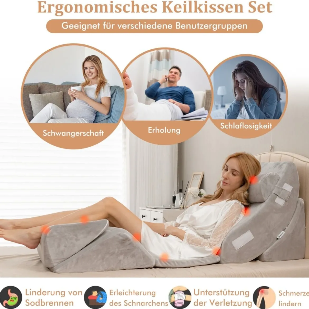 Keilkissen-Set 6-Teiliges Keilkissen-Set mit Nacken- und Beinschmerzlinderung Grau