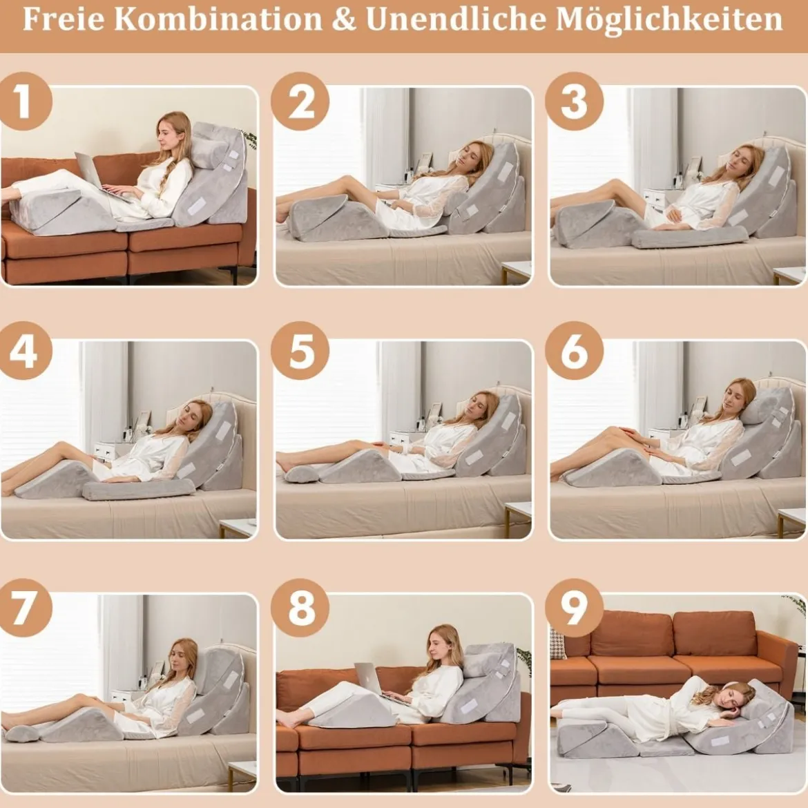 Keilkissen-Set 6-Teiliges Keilkissen-Set mit Nacken- und Beinschmerzlinderung Grau