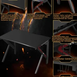 K-förmiger Gamingtisch mit Kopfhörerhaken Tassenhalter und Kabelmanagement ergonomischer Computertisch Schwarz