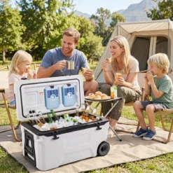 Kühlbox 50 L Große Thermobox aus Kunststoff mit Rollen & Griff Isolierbox mit Ablaufstopfen Grau/Weiß