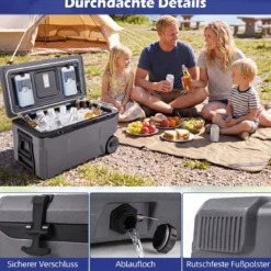 Kühlbox 70 L Große Thermobox aus Kunststoff mit Rollen & Griff Isolierbox mit Ablaufstopfen Grau/Weiß