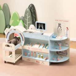 Kinder Arzt Spielset mit Sehtafel & Spielzeug-CT-Gerät Holz Krankenhaus Rollenspiel Kit Blau