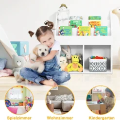Kinder Bücherregal aus Holz mit 3-stufigem Fach & 2 Ablagen Spielzeugregal Weiß