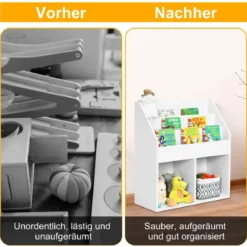 Kinder Bücherregal aus Holz mit 3-stufigem Fach & 2 Ablagen Spielzeugregal Weiß