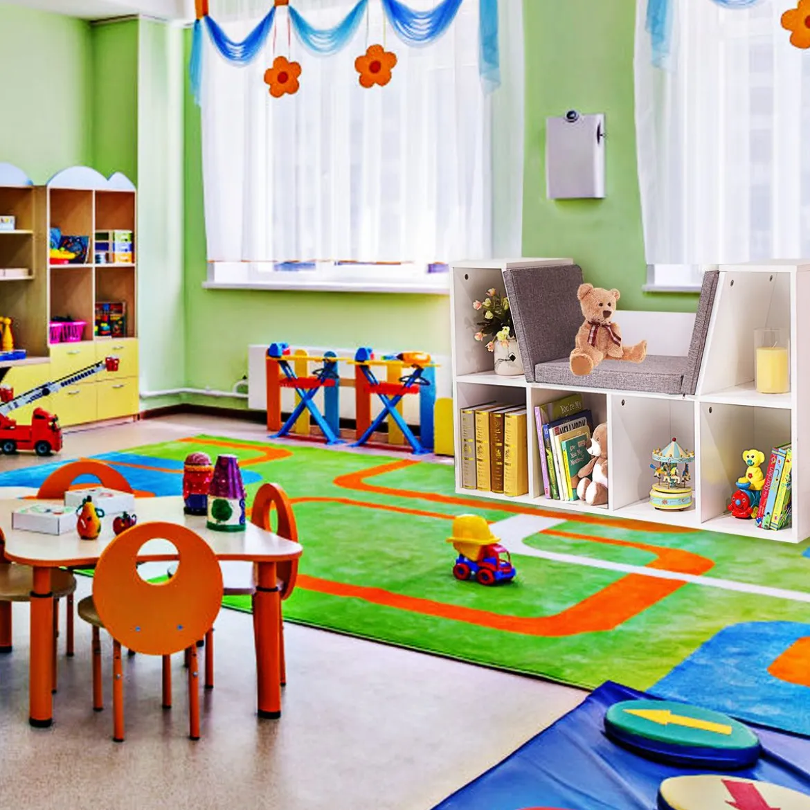 Kinder Bücherregal aus Holz mit Kissen & Rückenwand Würfelregal 102,5 x 30 x 63,5 cm Weiß