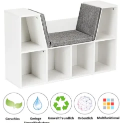 Kinder Bücherregal aus Holz mit Kissen & Rückenwand Würfelregal 102,5 x 30 x 63,5 cm Weiß