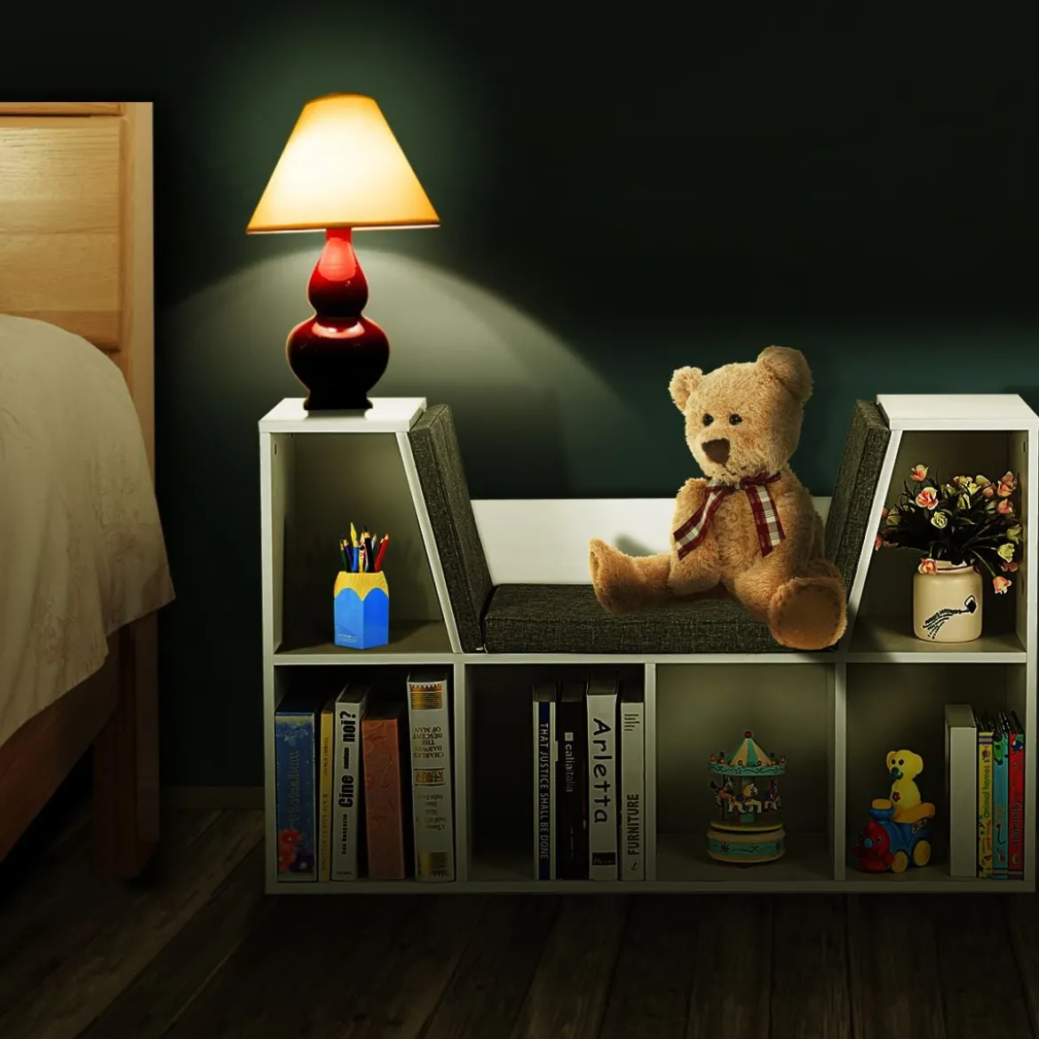 Kinder Bücherregal aus Holz mit Kissen & Rückenwand Würfelregal 102,5 x 30 x 63,5 cm Weiß