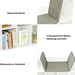 Kinder Bücherregal aus Holz mit Kissen & Rückenwand Würfelregal 102,5 x 30 x 63,5 cm Weiß