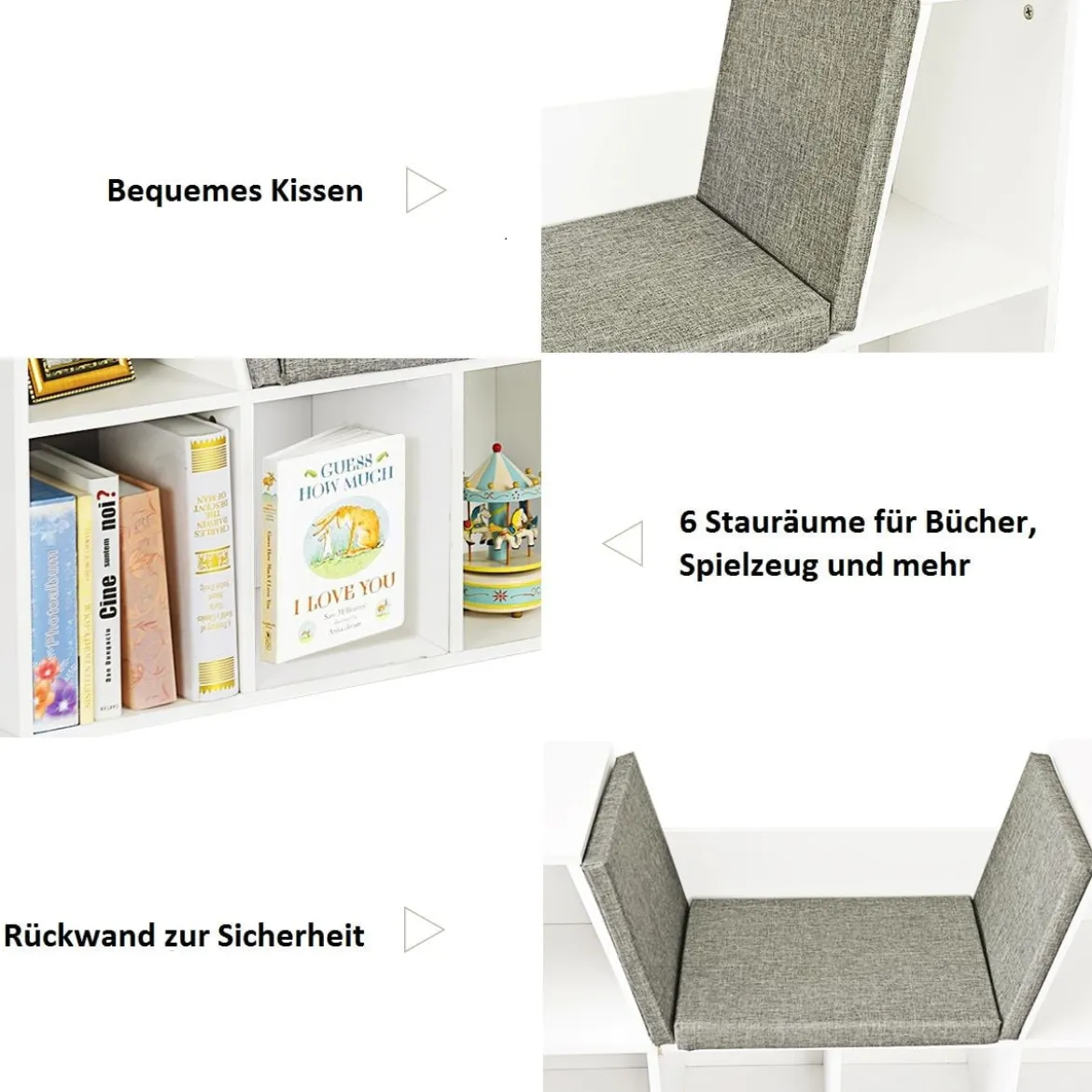 Kinder Bücherregal aus Holz mit Kissen & Rückenwand Würfelregal 102,5 x 30 x 63,5 cm Weiß