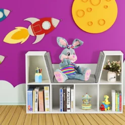 Kinder Bücherregal aus Holz mit Kissen & Rückenwand Würfelregal 102,5 x 30 x 63,5 cm Weiß