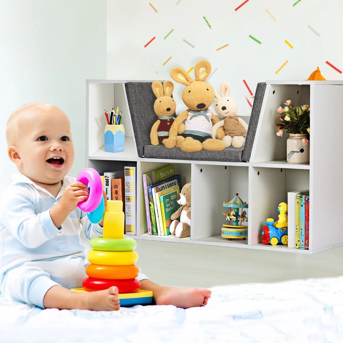 Kinder Bücherregal aus Holz mit Kissen & Rückenwand Würfelregal 102,5 x 30 x 63,5 cm Weiß