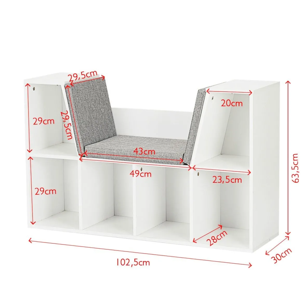Kinder Bücherregal aus Holz mit Kissen & Rückenwand Würfelregal 102,5 x 30 x 63,5 cm Weiß