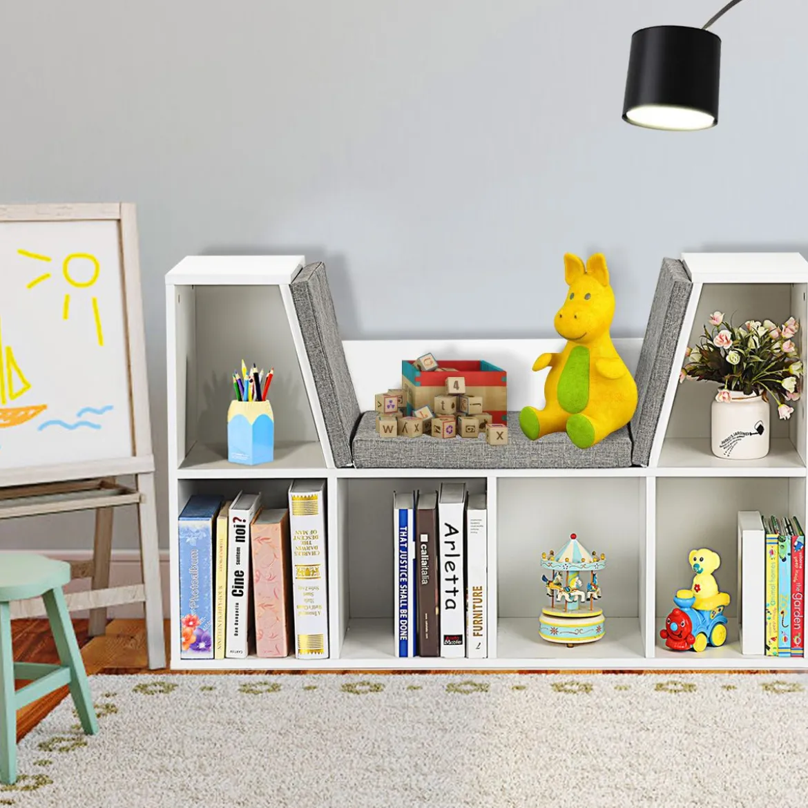 Kinder Bücherregal aus Holz mit Kissen & Rückenwand Würfelregal 102,5 x 30 x 63,5 cm Weiß