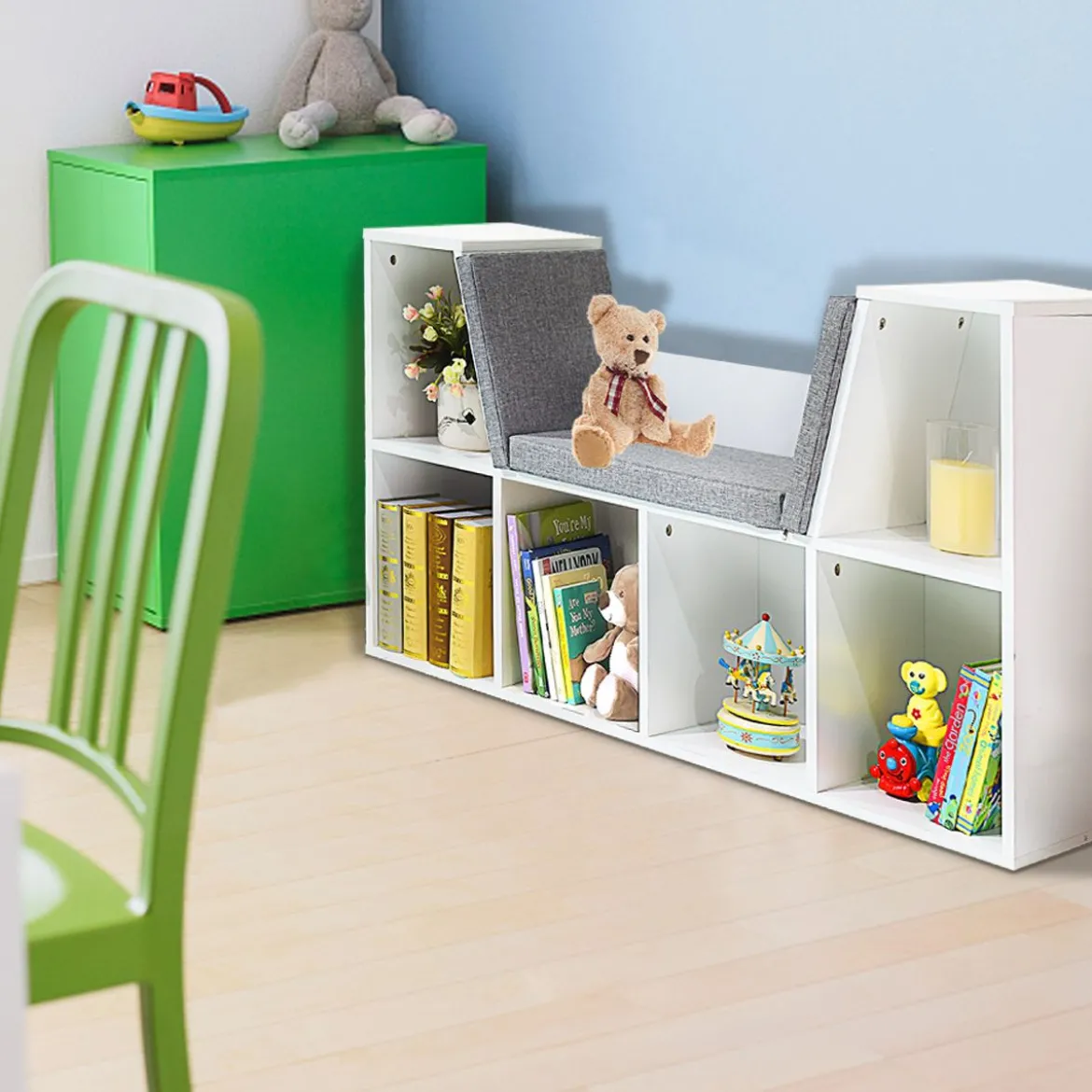 Kinder Bücherregal aus Holz mit Kissen & Rückenwand Würfelregal 102,5 x 30 x 63,5 cm Weiß