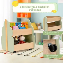 Kinder Bücherregal aus Holz mit Universalrädern 2 Ebenen Spielzeugregal auf Rollen