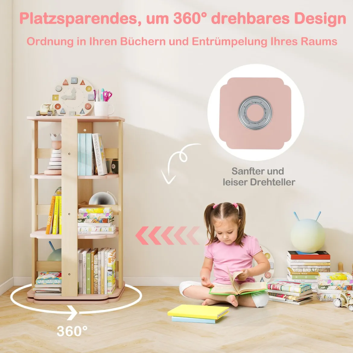 Kinder Bücherregal 360° drehbar 3-stöckiges Spielzeugregal mit 12 Fächern 48 x 48 x 95,5 cm Rosa