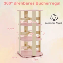 Kinder Bücherregal 360° drehbar 3-stöckiges Spielzeugregal mit 12 Fächern 48 x 48 x 95,5 cm Rosa