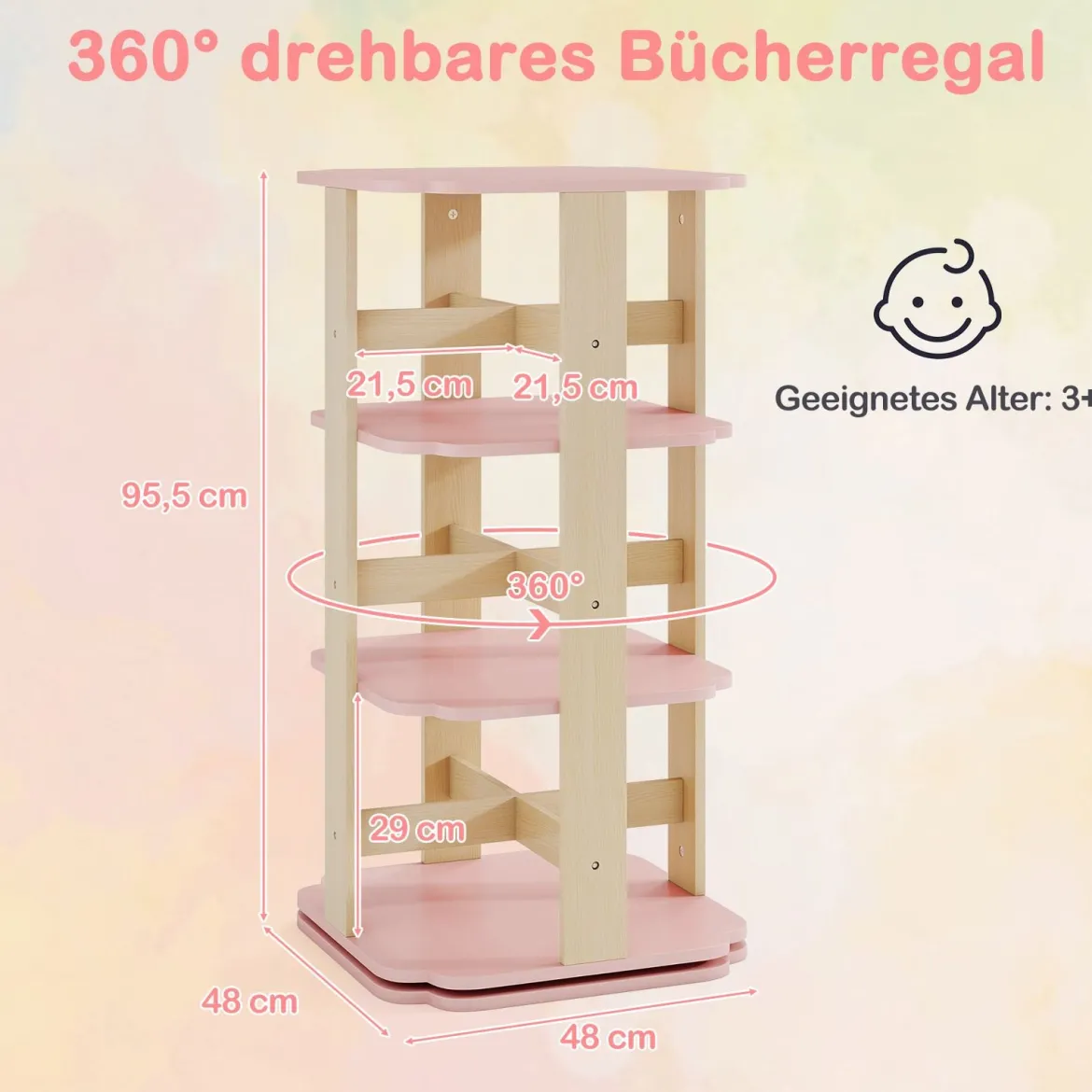 Kinder Bücherregal 360° drehbar 3-stöckiges Spielzeugregal mit 12 Fächern 48 x 48 x 95,5 cm Rosa
