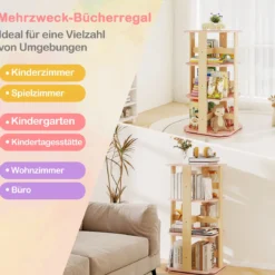 Kinder Bücherregal 360° drehbar 3-stöckiges Spielzeugregal mit 12 Fächern 48 x 48 x 95,5 cm Rosa