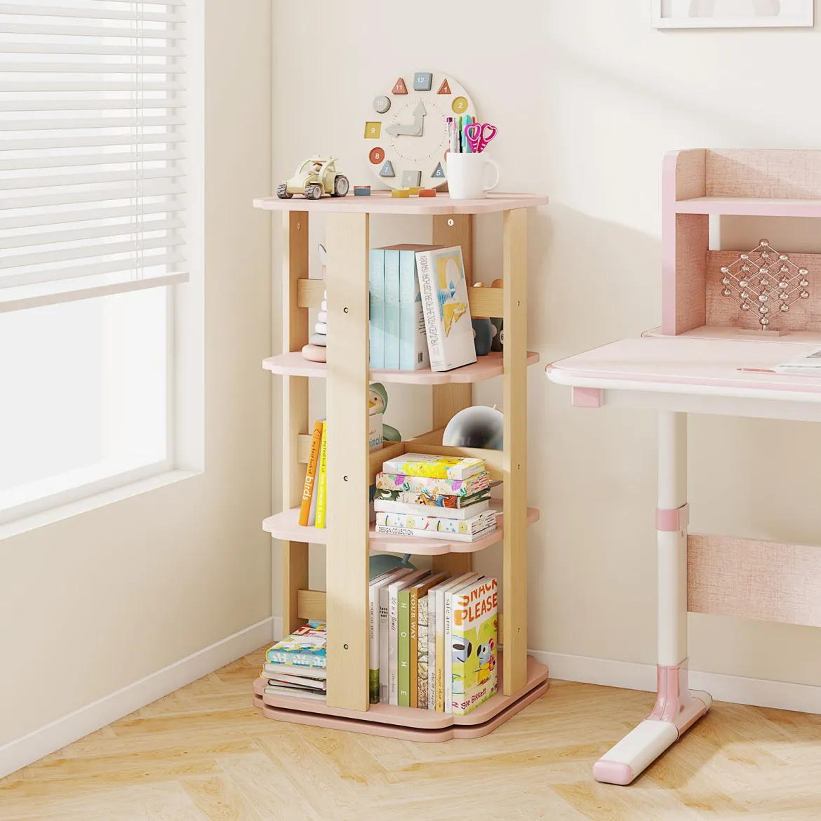 Kinder Bücherregal 360° drehbar 3-stöckiges Spielzeugregal mit 12 Fächern 48 x 48 x 95,5 cm Rosa