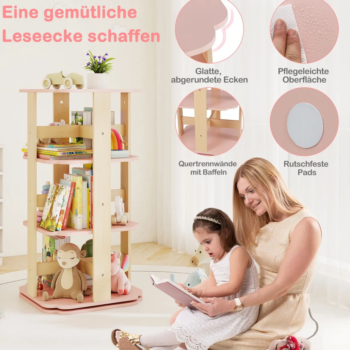 Kinder Bücherregal 360° drehbar 3-stöckiges Spielzeugregal mit 12 Fächern 48 x 48 x 95,5 cm Rosa
