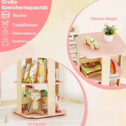 Kinder Bücherregal 360° drehbar 3-stöckiges Spielzeugregal mit 12 Fächern 48 x 48 x 95,5 cm Rosa