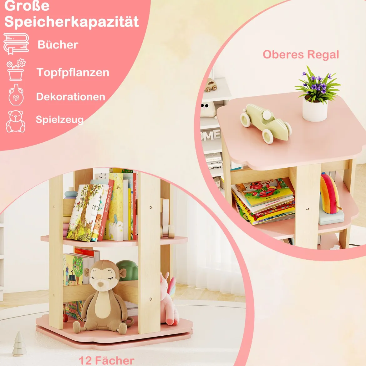 Kinder Bücherregal 360° drehbar 3-stöckiges Spielzeugregal mit 12 Fächern 48 x 48 x 95,5 cm Rosa