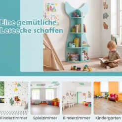 Kinder Bücherregal 4 Ebenen Kinderregal aus Holz Fischförmiges Aufbewahrungsregal mit 8 Offenen Fächern