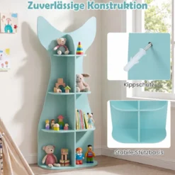 Kinder Bücherregal 4 Ebenen Kinderregal aus Holz Fischförmiges Aufbewahrungsregal mit 8 Offenen Fächern