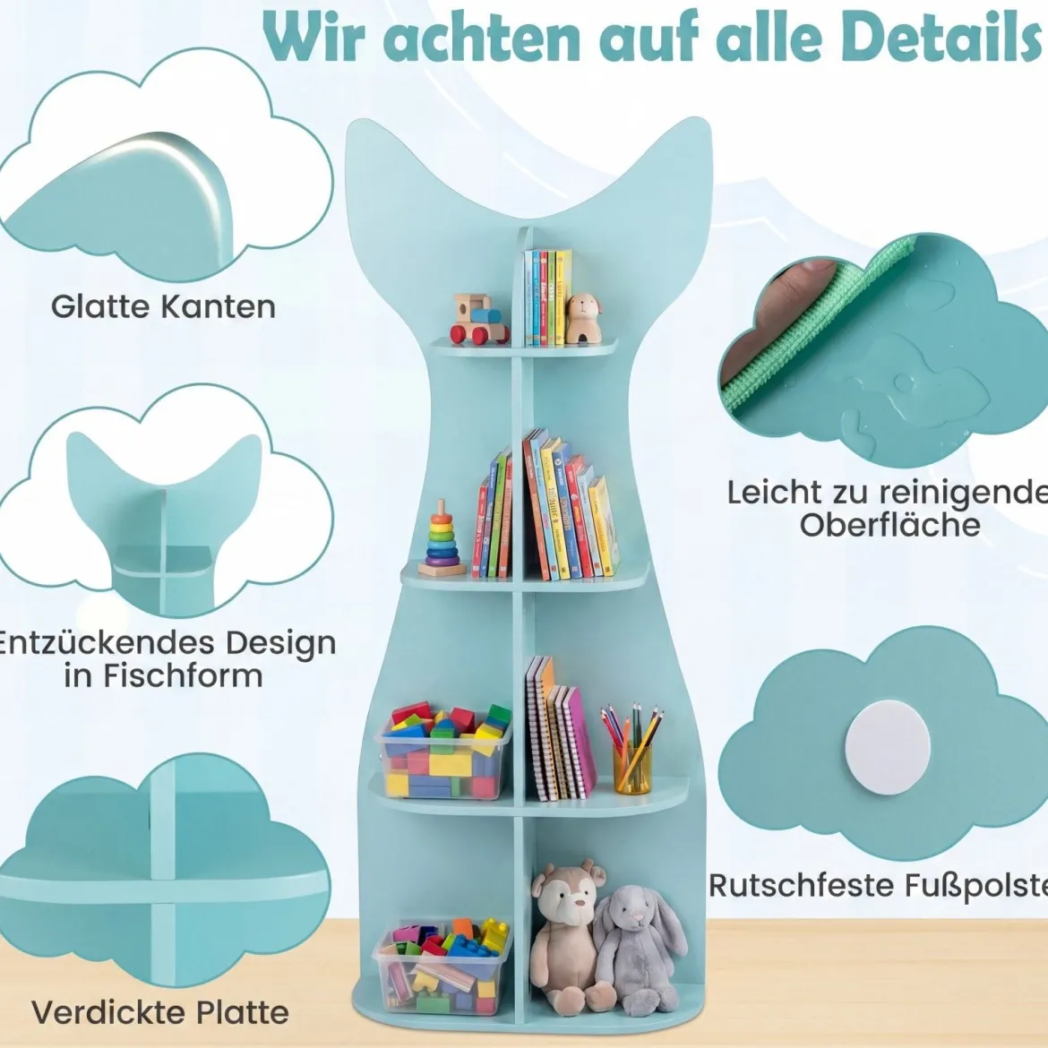Kinder Bücherregal 4 Ebenen Kinderregal aus Holz Fischförmiges Aufbewahrungsregal mit 8 Offenen Fächern