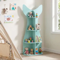 Kinder Bücherregal 4 Ebenen Kinderregal aus Holz Fischförmiges Aufbewahrungsregal mit 8 Offenen Fächern