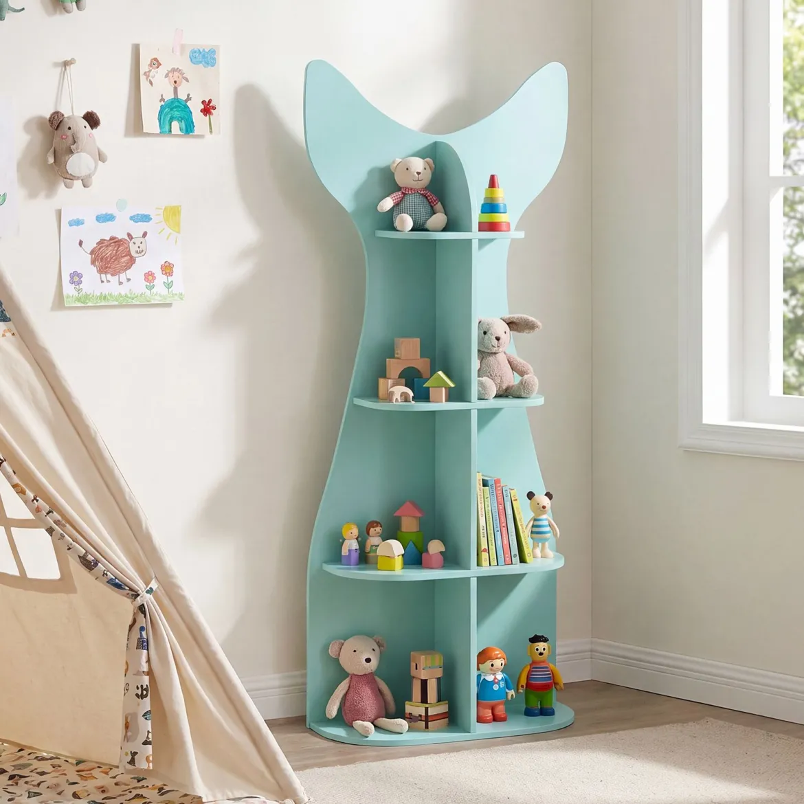 Kinder Bücherregal 4 Ebenen Kinderregal aus Holz Fischförmiges Aufbewahrungsregal mit 8 Offenen Fächern