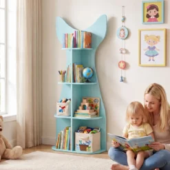 Kinder Bücherregal 4 Ebenen Kinderregal aus Holz Fischförmiges Aufbewahrungsregal mit 8 Offenen Fächern