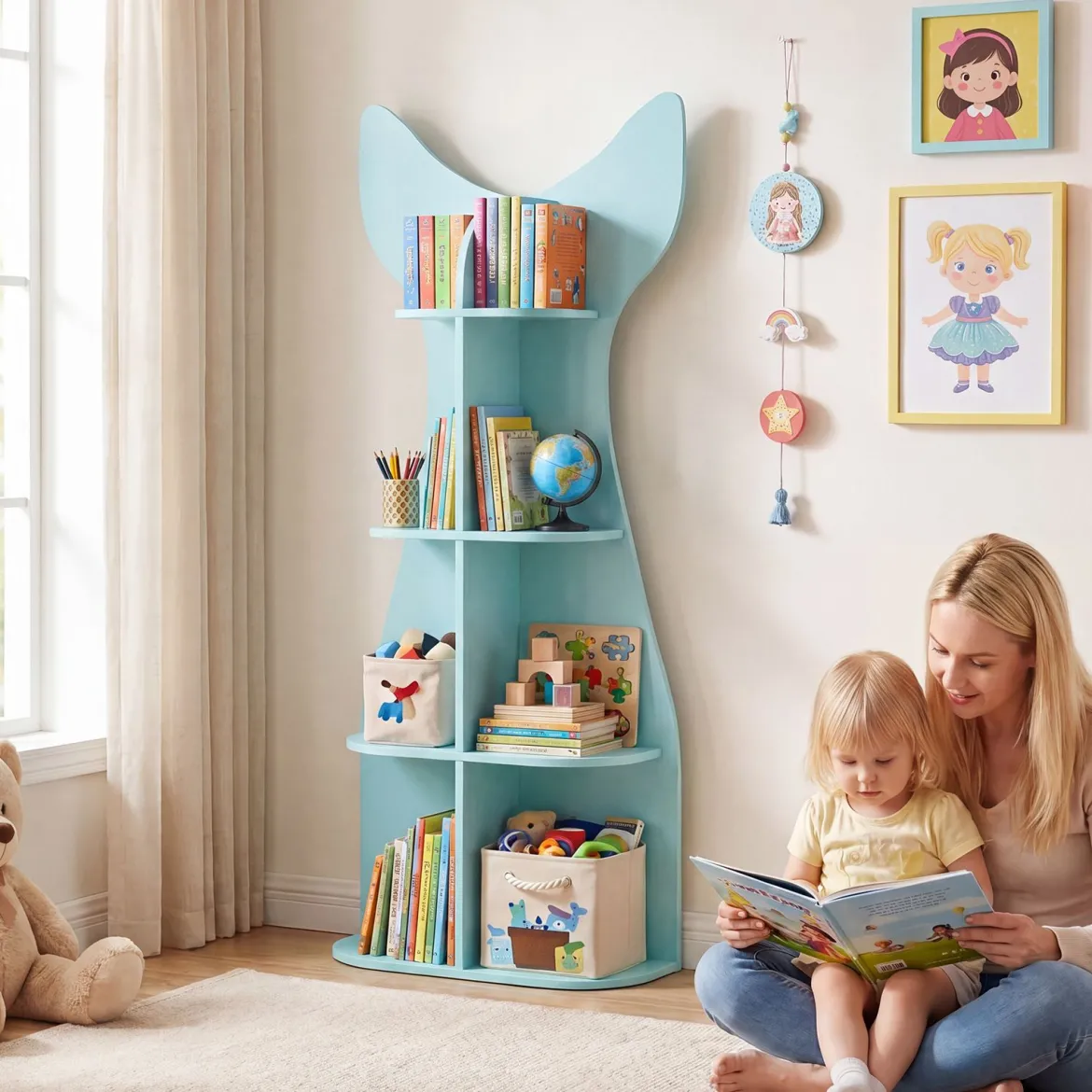 Kinder Bücherregal 4 Ebenen Kinderregal aus Holz Fischförmiges Aufbewahrungsregal mit 8 Offenen Fächern