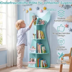 Kinder Bücherregal 4 Ebenen Kinderregal aus Holz Fischförmiges Aufbewahrungsregal mit 8 Offenen Fächern