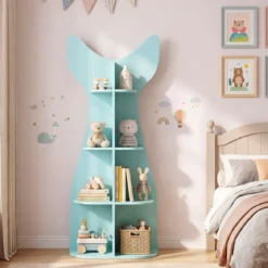 Kinder Bücherregal 4 Ebenen Kinderregal aus Holz Fischförmiges Aufbewahrungsregal mit 8 Offenen Fächern