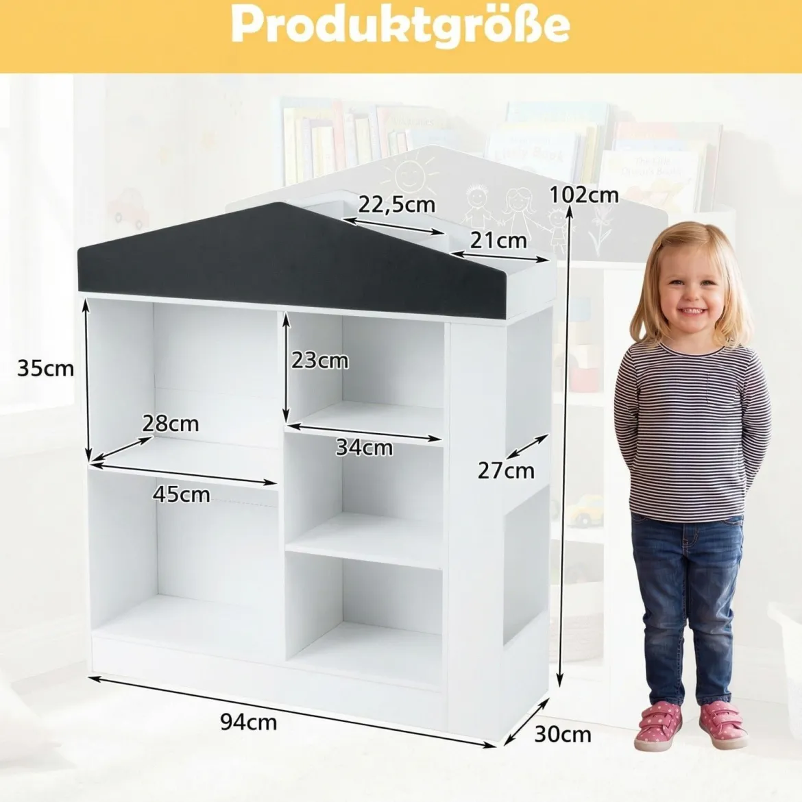 Kinder Bücherregal in Hausform mit Tafel & 11 Fächern Kinderregal Montessori Spielzeugrregal Weiß