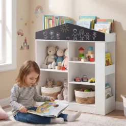 Kinder Bücherregal in Hausform mit Tafel & 11 Fächern Kinderregal Montessori Spielzeugrregal Weiß