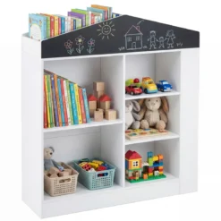 Kinder Bücherregal in Hausform mit Tafel & 11 Fächern Kinderregal Montessori Spielzeugrregal Weiß