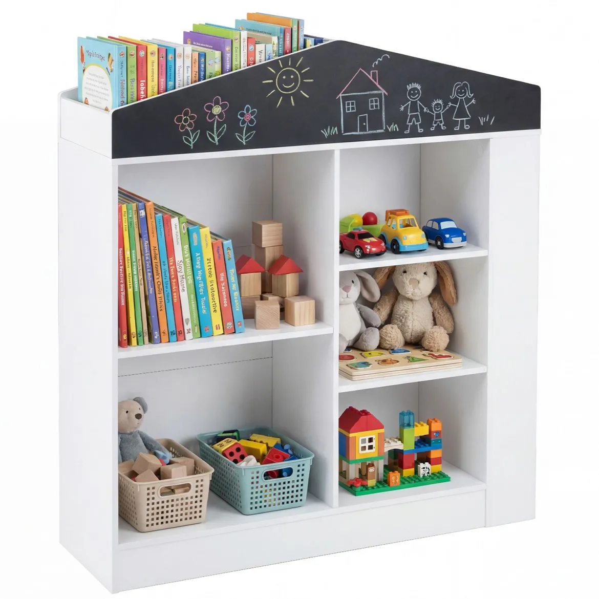 Kinder Bücherregal in Hausform mit Tafel & 11 Fächern Kinderregal Montessori Spielzeugrregal Weiß