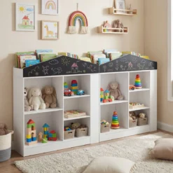 Kinder Bücherregal in Hausform mit Tafel & 11 Fächern Kinderregal Montessori Spielzeugrregal Weiß