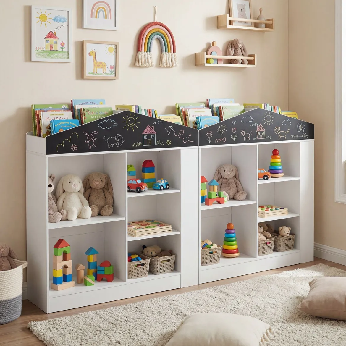 Kinder Bücherregal in Hausform mit Tafel & 11 Fächern Kinderregal Montessori Spielzeugrregal Weiß