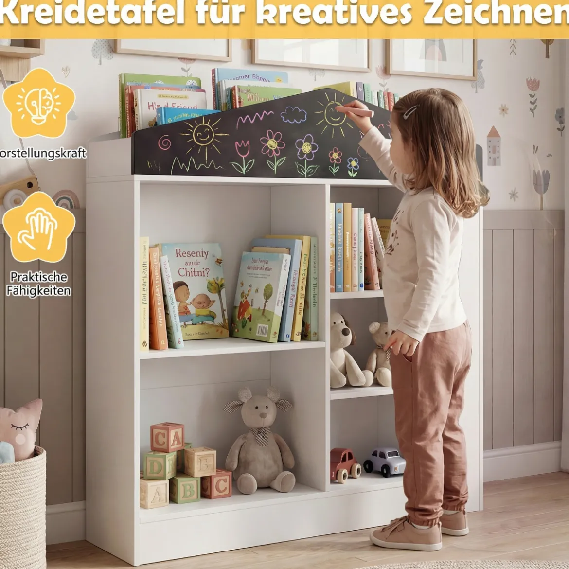 Kinder Bücherregal in Hausform mit Tafel & 11 Fächern Kinderregal Montessori Spielzeugrregal Weiß