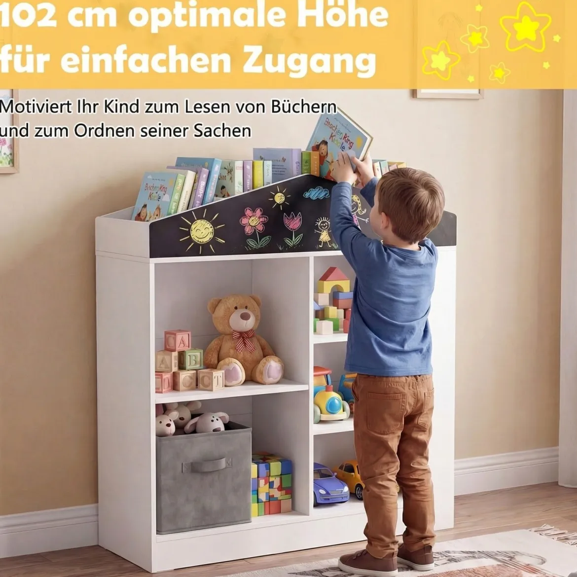 Kinder Bücherregal in Hausform mit Tafel & 11 Fächern Kinderregal Montessori Spielzeugrregal Weiß