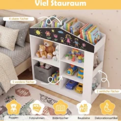 Kinder Bücherregal in Hausform mit Tafel & 11 Fächern Kinderregal Montessori Spielzeugrregal Weiß