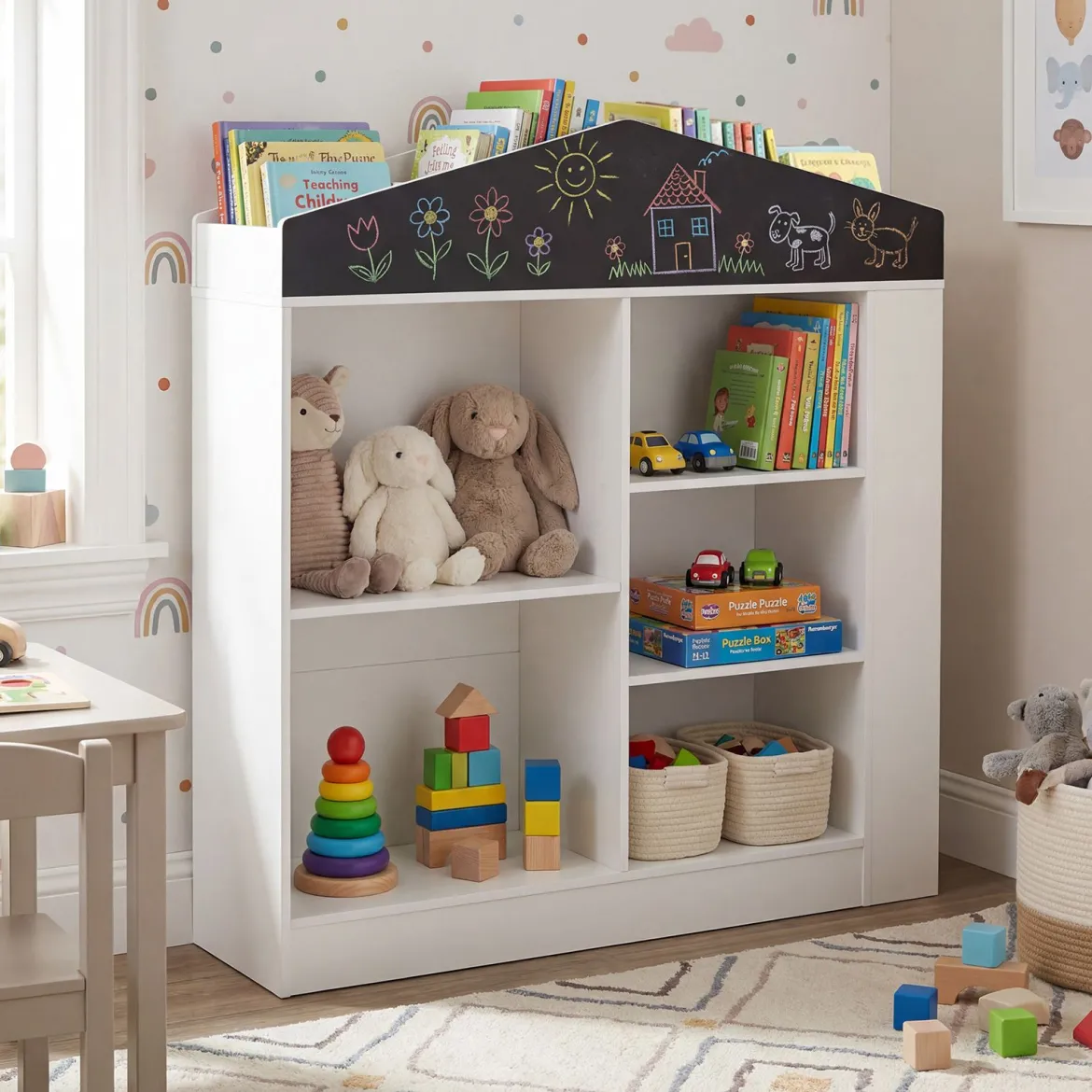 Kinder Bücherregal in Hausform mit Tafel & 11 Fächern Kinderregal Montessori Spielzeugrregal Weiß