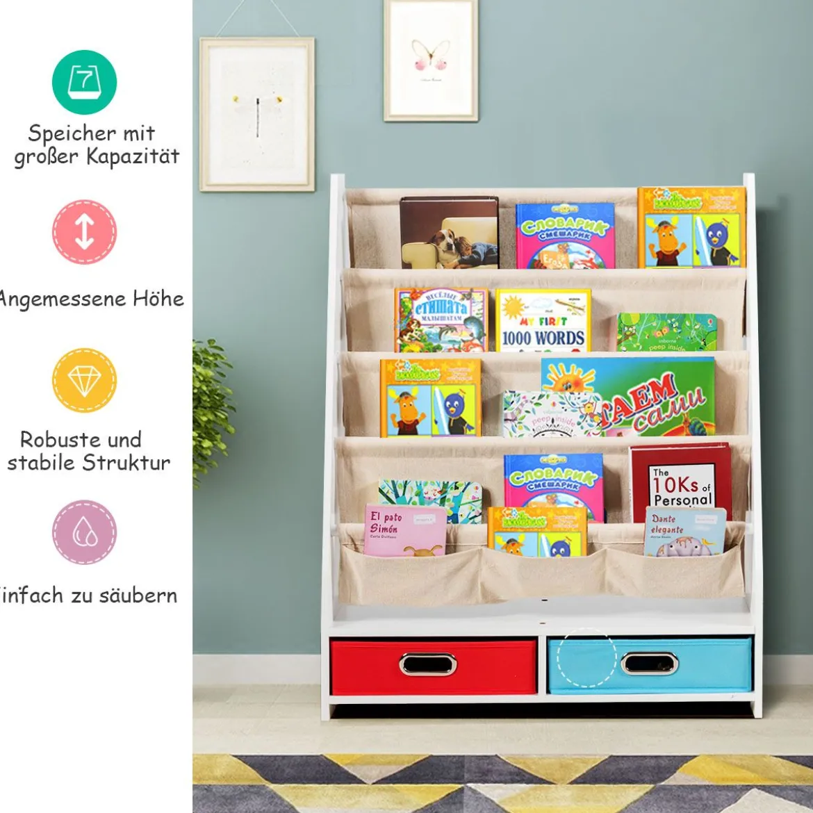 Kinder Bücherregal mit 5 Ablage & 2 Schubladen Kinderzimmerregal Aufbewahrungsregal