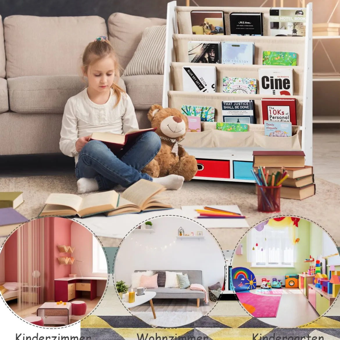 Kinder Bücherregal mit 5 Ablage & 2 Schubladen Kinderzimmerregal Aufbewahrungsregal